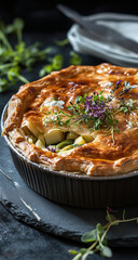 Rustic potato and leek pie, topped with a crunchy puff pastry crust