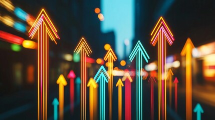 Vibrant multicolored arrows ascend against a blurred city night backdrop, conveying a sense of urban progress and upward mobility