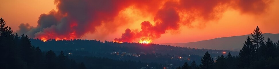 Obraz premium Dense wildfire smoke hovering over trees and housing, davis fire, air pollution, forest fire