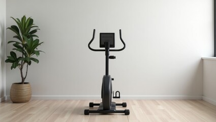 Under Desk Elliptical. Exercise bike is in corner of room near plant