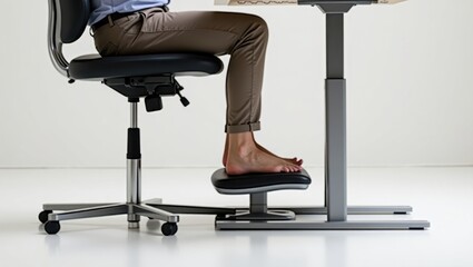 Under Desk Foot Rest. Man is sitting on chair with his feet on desk