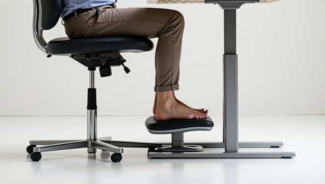 Under Desk Foot Rest. Man is sitting on chair with his feet on desk