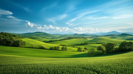 Obraz premium Lush green hills under blue sky with rolling clouds in a serene landscape