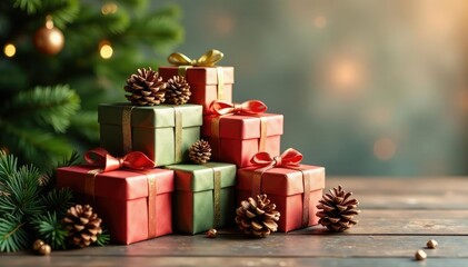 Obraz premium Gift boxes in a pyramid shape with greenery and pinecones, decoration, greenery, festive