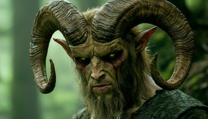 Green Eyed Mythical Creature with Ram Horns in Dark Forest