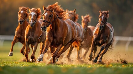 Obraz premium Chestnut horses racing sunset field autumn