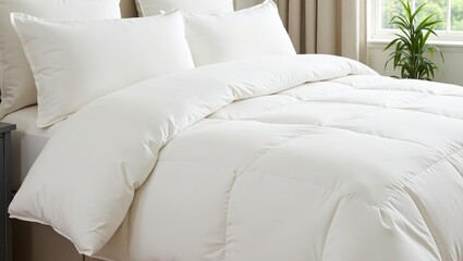 Bamboo Duvet Cover. Cozy white bedding set with fluffy comforter and soft pillows on bed, perfect for bedroom decor, home interior, relaxing atmosphere, natural light, peaceful morning, modern style