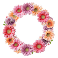 vibrant floral wreath composed of pink, purple, and peach flowers, creating cheerful and colorful circular arrangement on white background