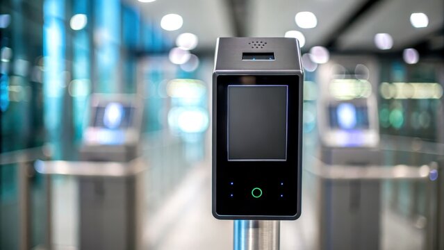 Cloud security service access control concept, Facial recognition device at an airport security checkpoint with blurred background. - Powered by Adobe