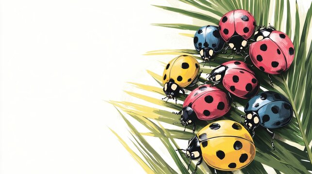A vibrant yellow-and-black ladybug perched on a lush green palm leaf, poised elegantly to one side, adorned with striking black spots