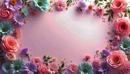 Fototapeta premium Beautiful Floral Frame Pink Background Pastel Flowers Design
