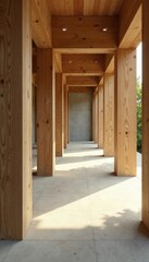 Minimalist wooden beams on a concrete platform amidst sunlight, rustic feel, serene environment
