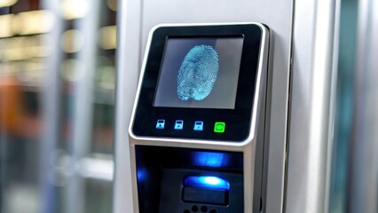 Cloud security service access control concept, Fingerprint scanner with a digital display, showcasing biometric security technology.