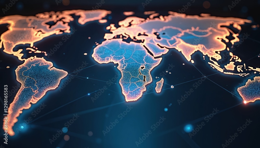 Leinwandbilder global network connections over continents in digital landscape. data flow across world map. abstrac