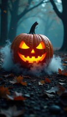 Mist rises from the base of a glowing pumpkin, mystery, shadows, mist