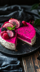 Cheesecake with dragon fruit cream, garnished with fruit slices and chia seeds. 