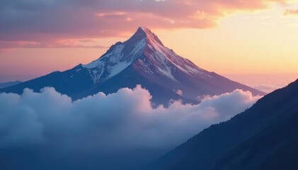 Misty clouds surround majestic mountain peak at twilight, golden light, mountain, nature