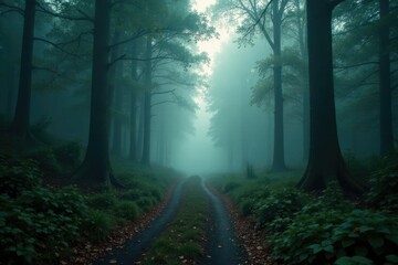Obraz premium Misty forest path shrouded in foggy atmosphere, dark, atmosphere