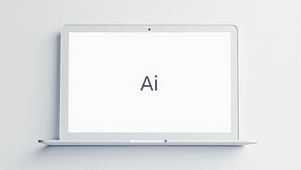 Ai Writing Tool. White laptop with AI text on screen, minimalistic tec