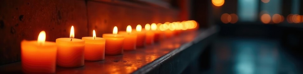 Rows of candles burn steadily in the quiet space, dimly lit space,, calm ambiance
