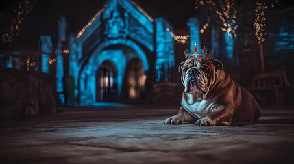 Majestic Bulldog in Crown, Night Illustration