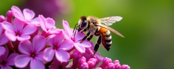 Royal bee gathering nectar from lilac blossoms, pollination, royalty