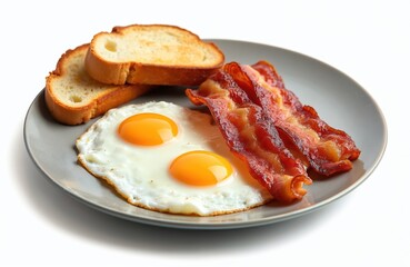 Two fried eggs, bacon strips, toasts on plate against white background. Classic breakfast with crispy bacon, yolk and bread for food blogging, cooking concept, restaurant menu.