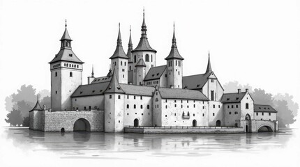 Classic Black and White Sketch of Wawel Castle in Krakow