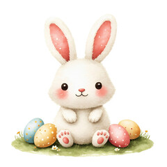 Obraz premium cute white bunny with pink ears sits on grass surrounded by colorful Easter eggs, creating cheerful and festive atmosphere