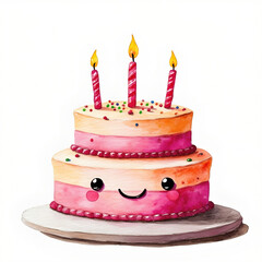 cute, smiling two tiered birthday cake with pink and orange stripes, adorned with three lit candles and colorful sprinkles, sits on plate