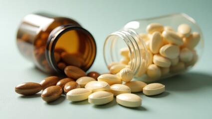 Detox Supplement. Ketoprofen Loading dose Muscle relaxant Pcos Anticoagulant Biomedicines versed Capsule Owkin Optum Rx Brown and white pills spilling from glass medicine bottles on light surface, he