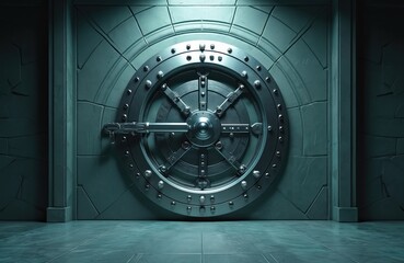 Realistic bank vault composition with safe storage entrance. Massive circle shaped locking door, secure access to valuable assets, wealth. Fortified design, robust protection for digital finance,
