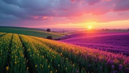 Soft rainbow hues stretching across the rape landscape at dawn, Rape landscape, Serene, Nature
