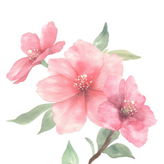 Obraz premium Watercolor illustration of pink flowers with green leaves on white background. delicate petals and soft colors create serene and elegant floral composition