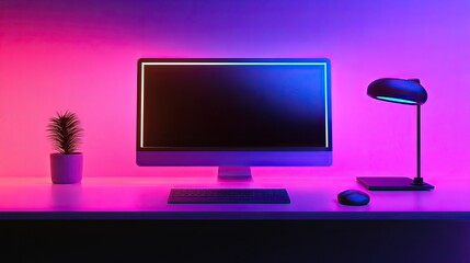 Modern workspace, vibrant lighting, tech setup