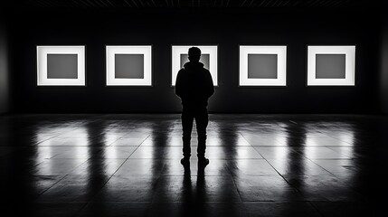 Obraz premium Man Contemplates Art Gallery Exhibits