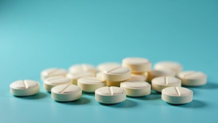 Electrolytes Tablets. White round tablets with score line scattered on blue surface, medicine concept for healthcare, pharmacy, treatment, close-up, clinical background, bright, clean, health safety