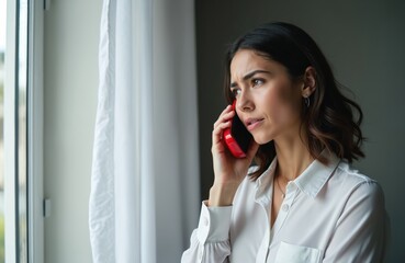 Brunette hispanic young woman talking by phone in trouble. Girl at home using cellphone looking hopelessly at window. Upset housewife with sad facial expression speaking on mobile phone. Negative