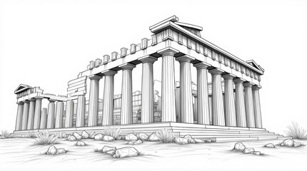 Fototapeta premium Detailed Black and White Line Art Illustration of the Parthenon in Athens