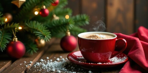 Fototapeta premium Warm mug of hot chocolate next to Christmas tree, Holiday decor, snowflakes, Hot chocolate