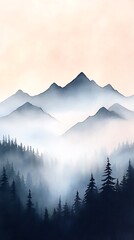 soft misty mountain silhouette in pastel tones