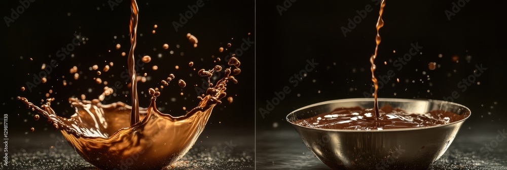 Poster Chocolate liquid splashes into a bowl creating a captivating visual display in a dark setting. Generative AI