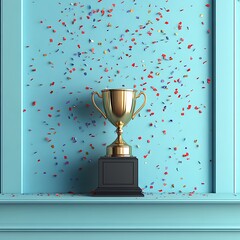 Gold trophy confetti blue wall