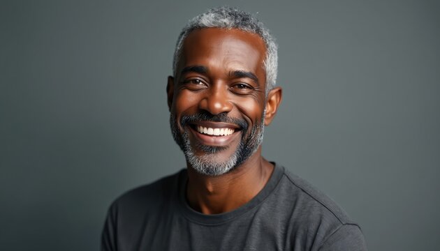 Smiling portrait of middle-aged black man healthy skin, great teeth. Charming, mature model with silver hair embodies dental care, skincare positivity. Promotes attractive confident personality.