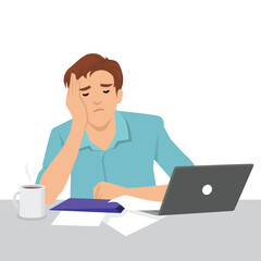 Exhausted and Overwhelmed at Work. Sits at a desk with a laptop, papers, and a coffee cup. Flat vector illustration isolated on white background