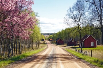 Fototapeta premium A charming dirt road leads through a spring countryside village