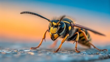 Wasp Macro: A close-up shot of a striking wasp, displaying intricate details of its anatomy. Captures the essence of this insect, from its vibrant colors to the texture.