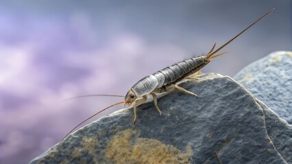 Silverfish on Rock: A detailed, macro shot of a silverfish resting on a textured gray rock, showcasing its unique segmented body and long antennae against a blurred backdrop.