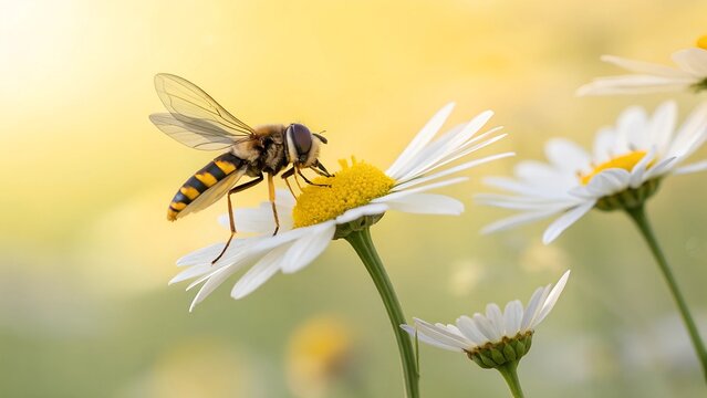 Pollination Serenade: A hoverfly delicately gathers nectar from a daisy, bathed in warm sunlight, symbolizing the beauty and interconnectedness of nature.
