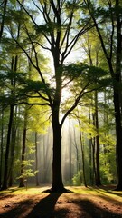 A peaceful scene of a forest with soft sunlight filtering through the trees, tree, light